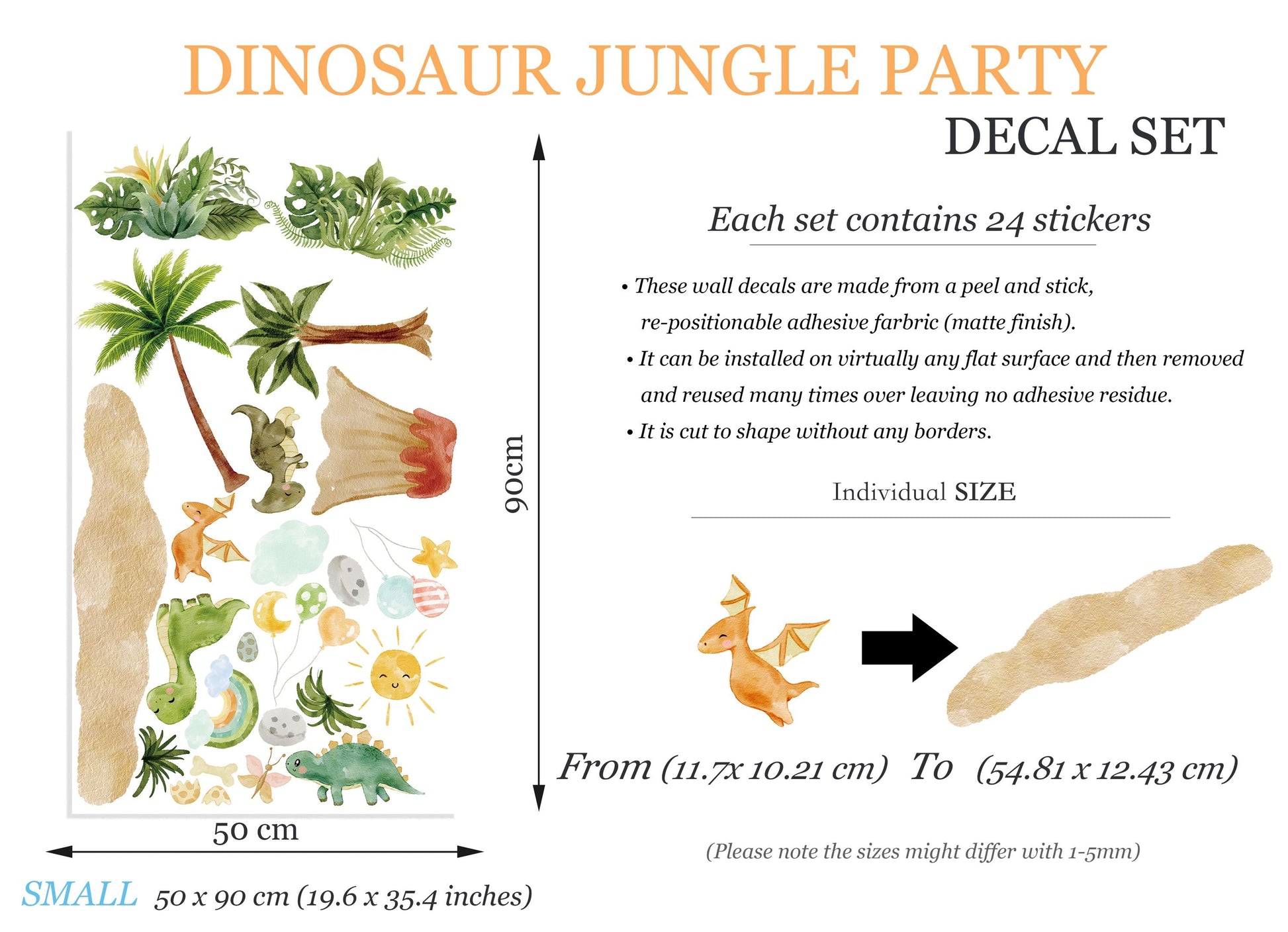 Dinosaur Wall Decals for Kids Room | Jungle Volcano Dino Fabric Stickers | Large Removable Nursery Wall Decor Set