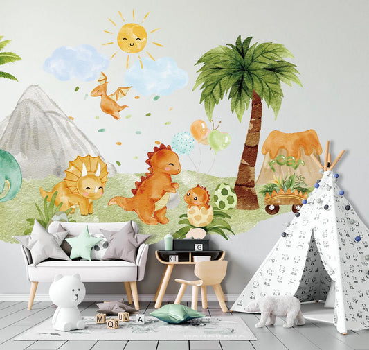 Roaring Dinosaur Jungle Wall Decal – Watercolor Dino Nursery Sticker – Reusable Peel and Stick Fabric for Baby Room