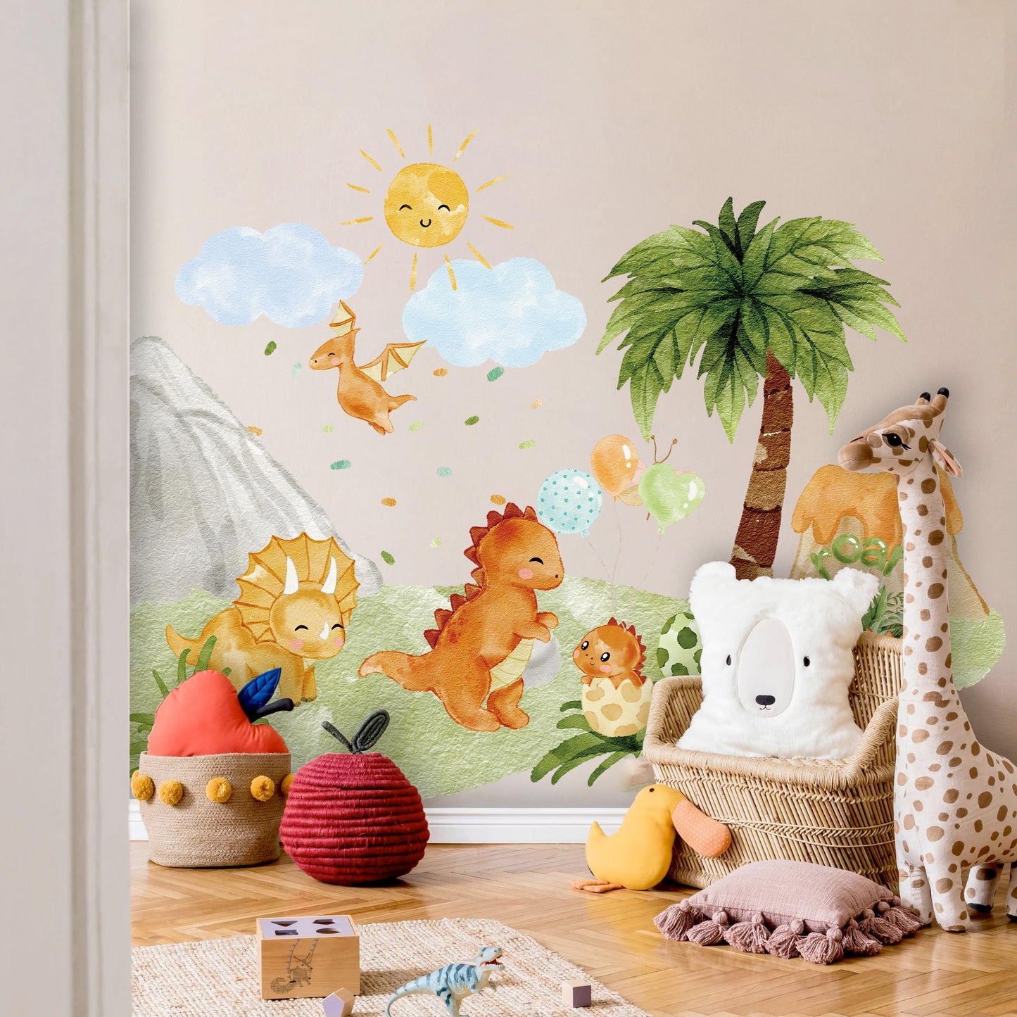 Roaring Dinosaur Jungle Wall Decal – Watercolor Dino Nursery Sticker – Reusable Peel and Stick Fabric for Baby Room