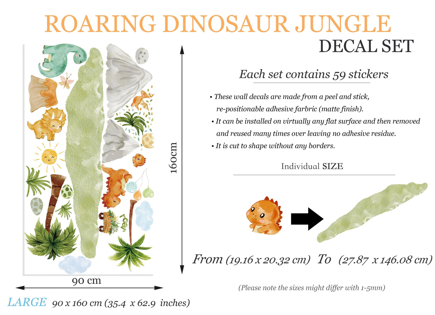 Roaring Dinosaur Jungle Wall Decal – Watercolor Dino Nursery Sticker – Reusable Peel and Stick Fabric for Baby Room