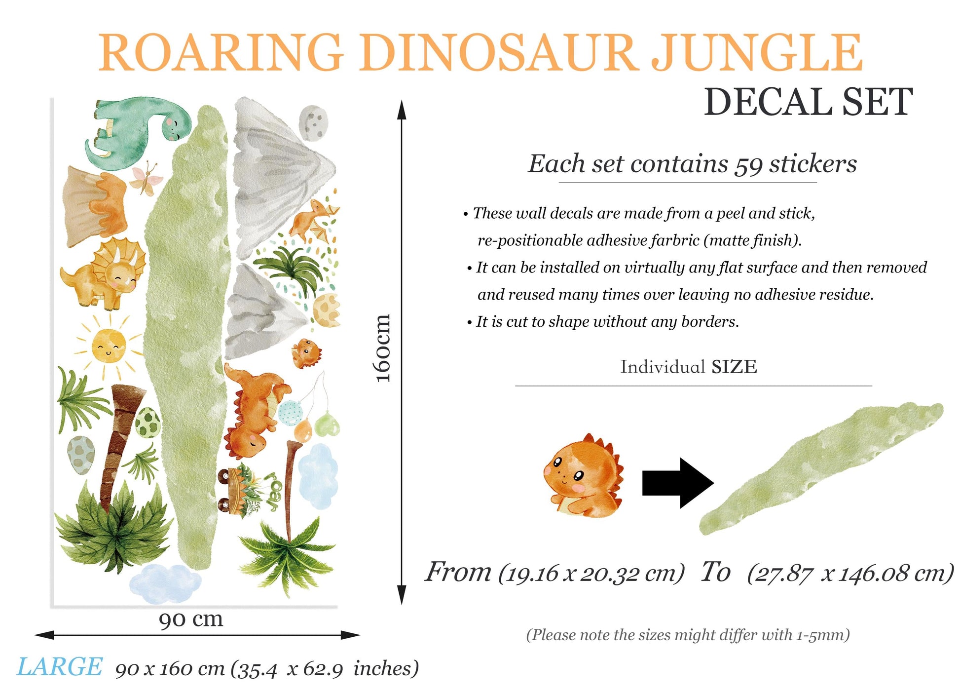 Roaring Dinosaur Jungle Wall Decal – Watercolor Dino Nursery Sticker – Reusable Peel and Stick Fabric for Baby Room