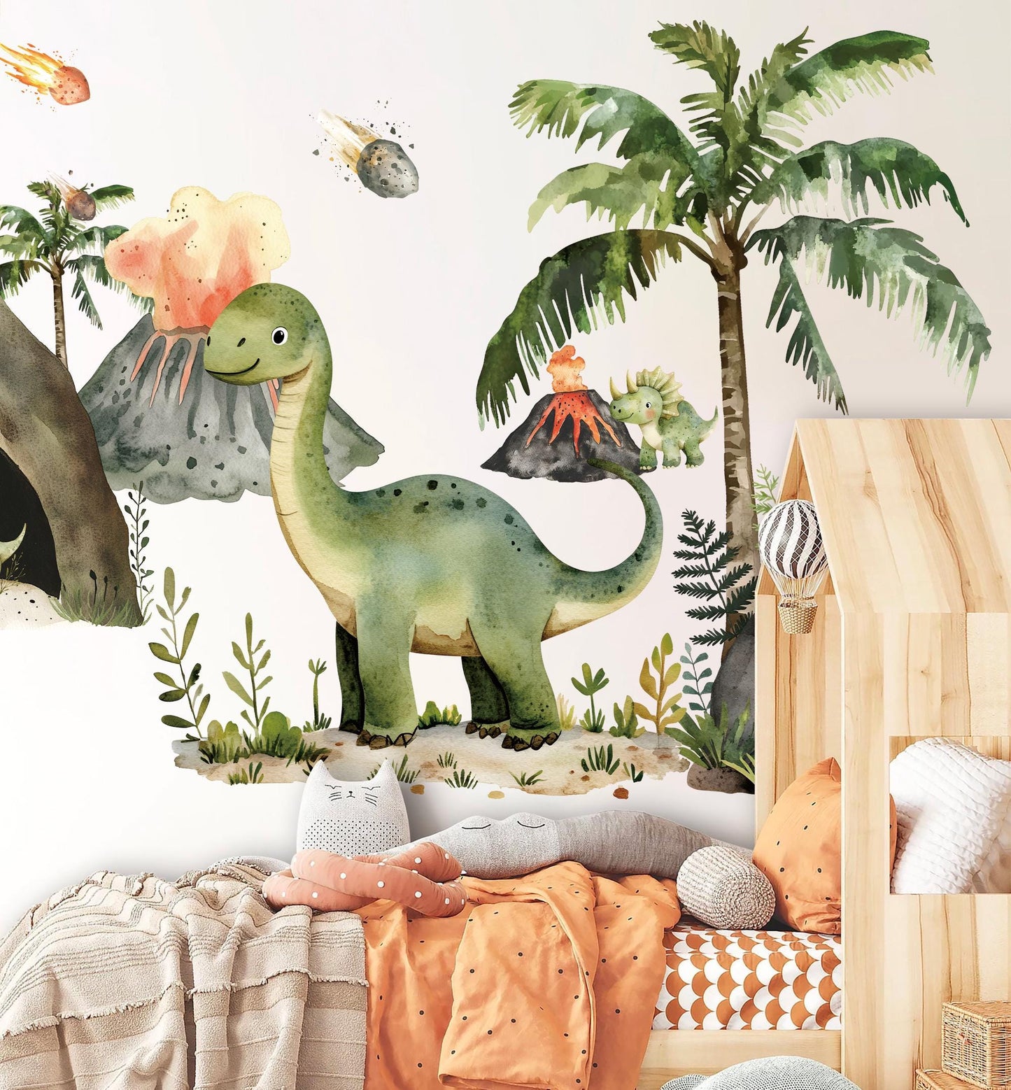 Dinosaur Volcano Wall Decal Set - Cute Watercolor Dino & Volcano Removable Fabric Stickers for Kids Room
