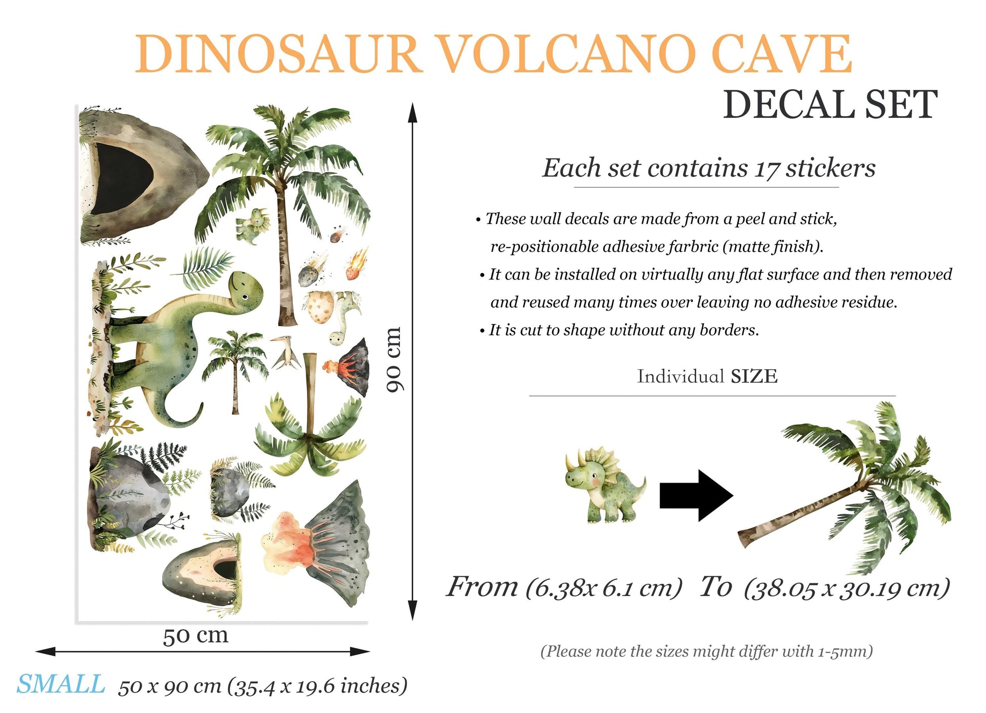Dinosaur Volcano Wall Decal Set - Cute Watercolor Dino & Volcano Removable Fabric Stickers for Kids Room