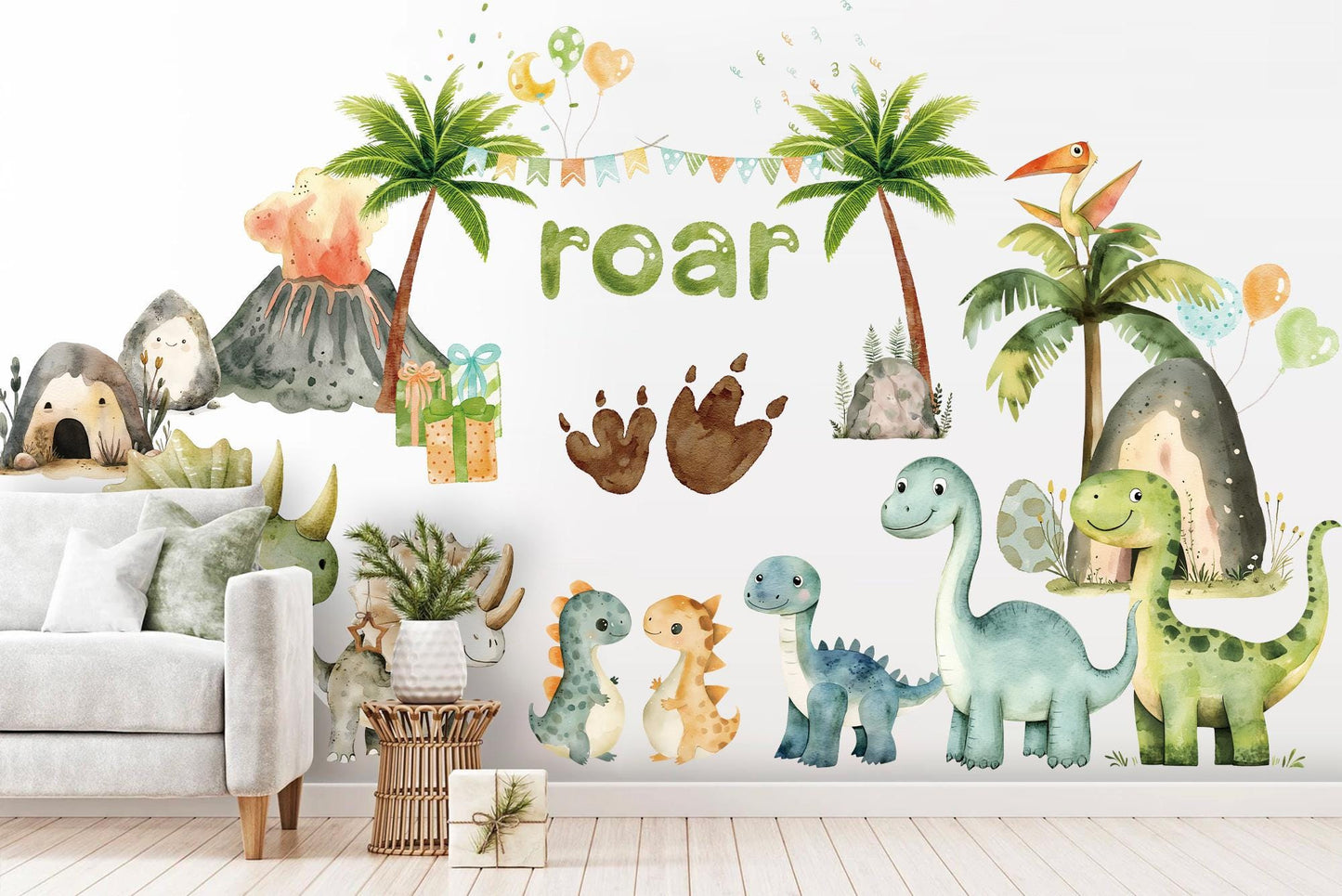Dinosaur Volcano Party Wall Decal – Watercolor Dino Nursery Sticker – Reusable Peel and Stick Fabric for Kids Room
