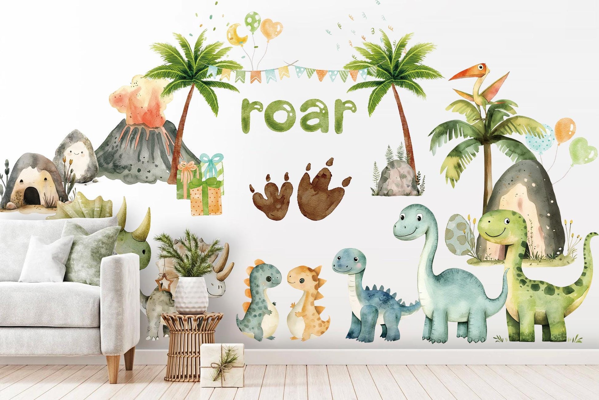 Dinosaur Volcano Party Wall Decal – Watercolor Dino Nursery Sticker – Reusable Peel and Stick Fabric for Kids Room