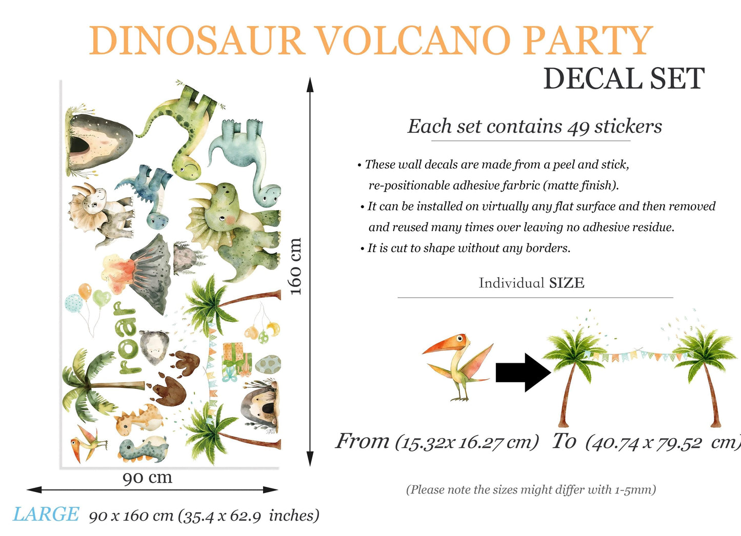 Dinosaur Volcano Party Wall Decal – Watercolor Dino Nursery Sticker – Reusable Peel and Stick Fabric for Kids Room