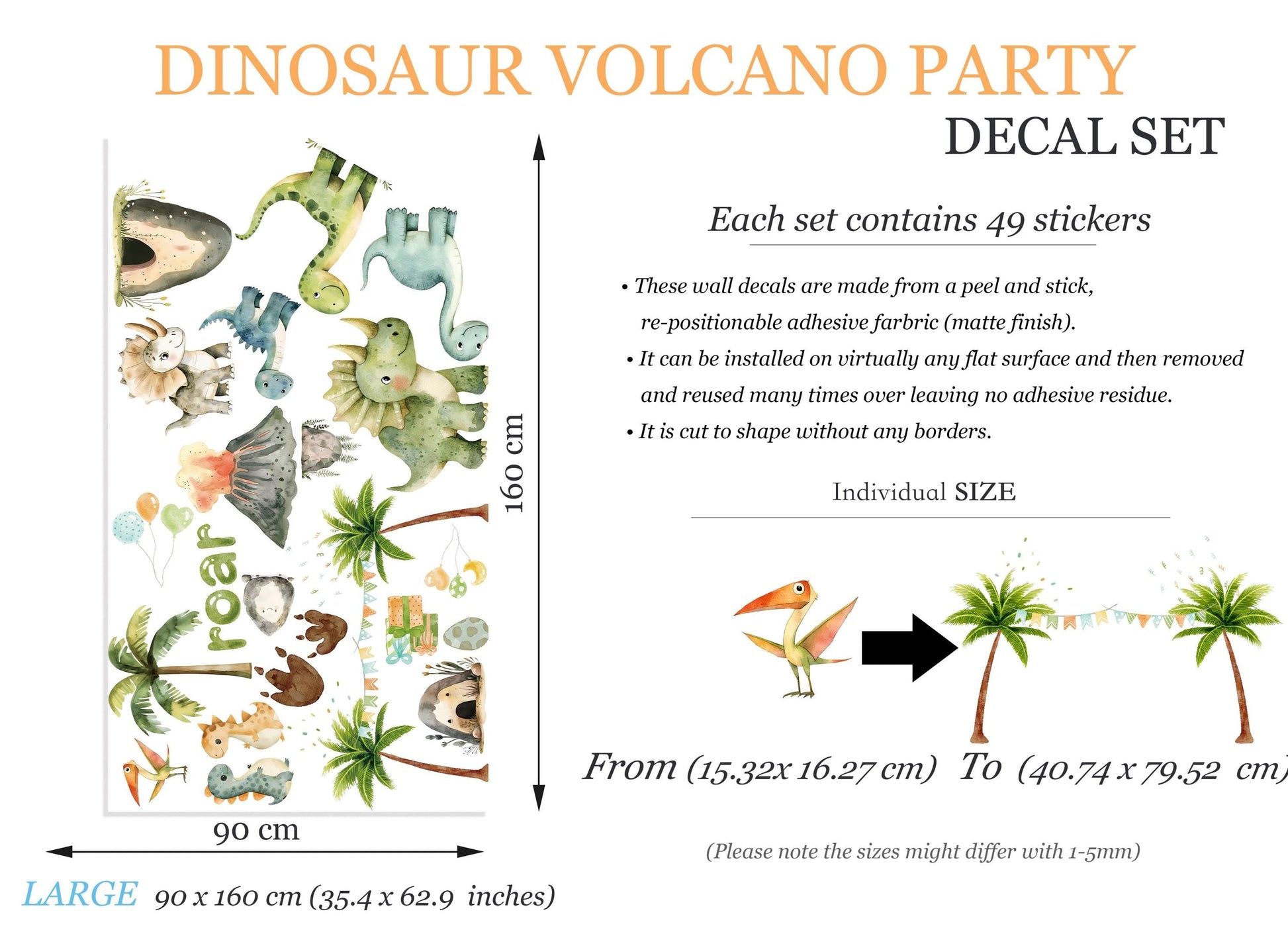Dinosaur Volcano Party Wall Decal – Watercolor Dino Nursery Sticker – Reusable Peel and Stick Fabric for Kids Room