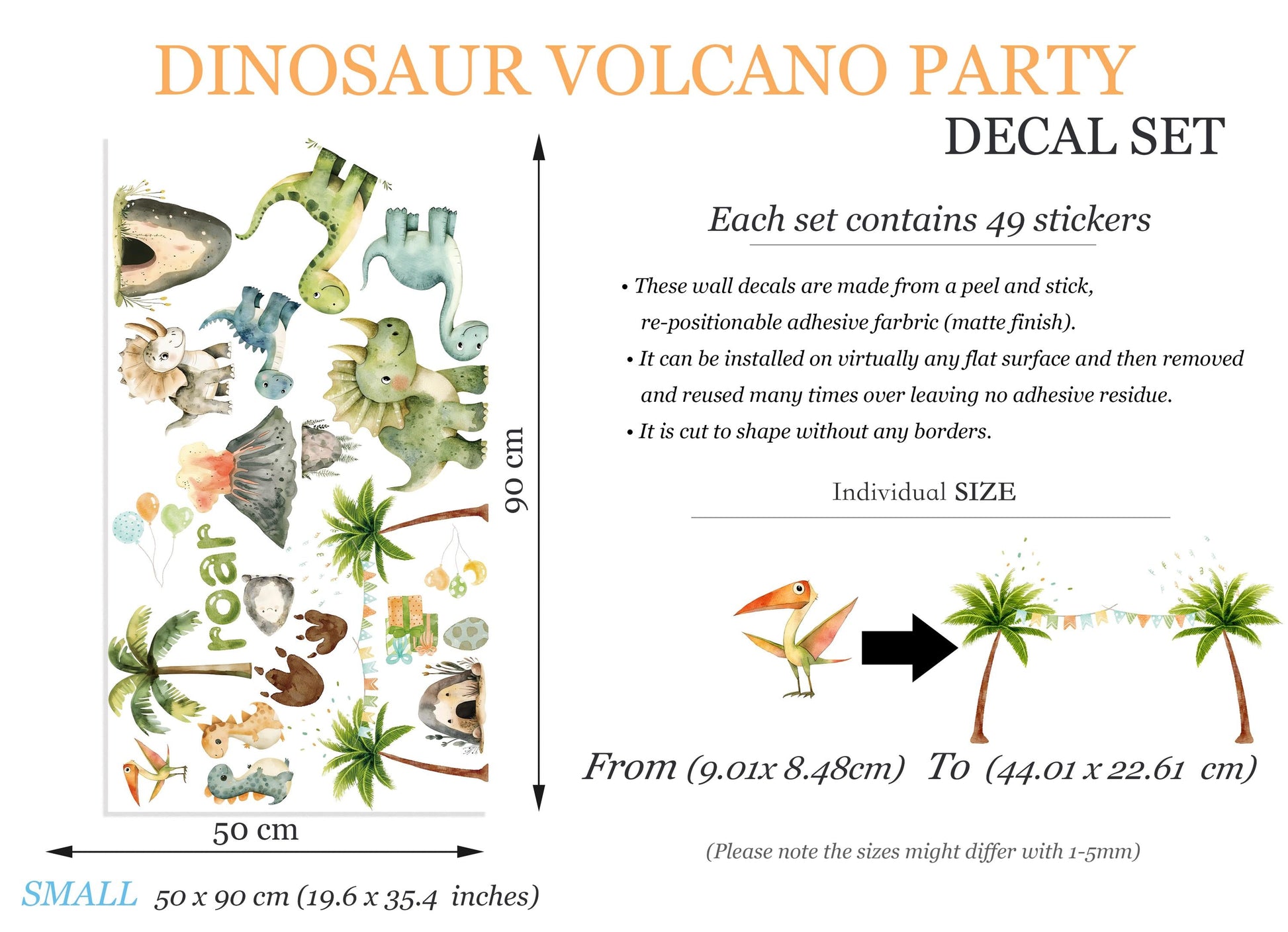 Dinosaur Volcano Party Wall Decal – Watercolor Dino Nursery Sticker – Reusable Peel and Stick Fabric for Kids Room