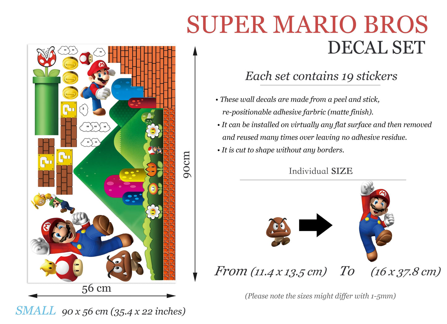 Super Mario Bros Wall Decal for Kids Room – Removable Fabric Sticker Set – Large & Small Sizes Available