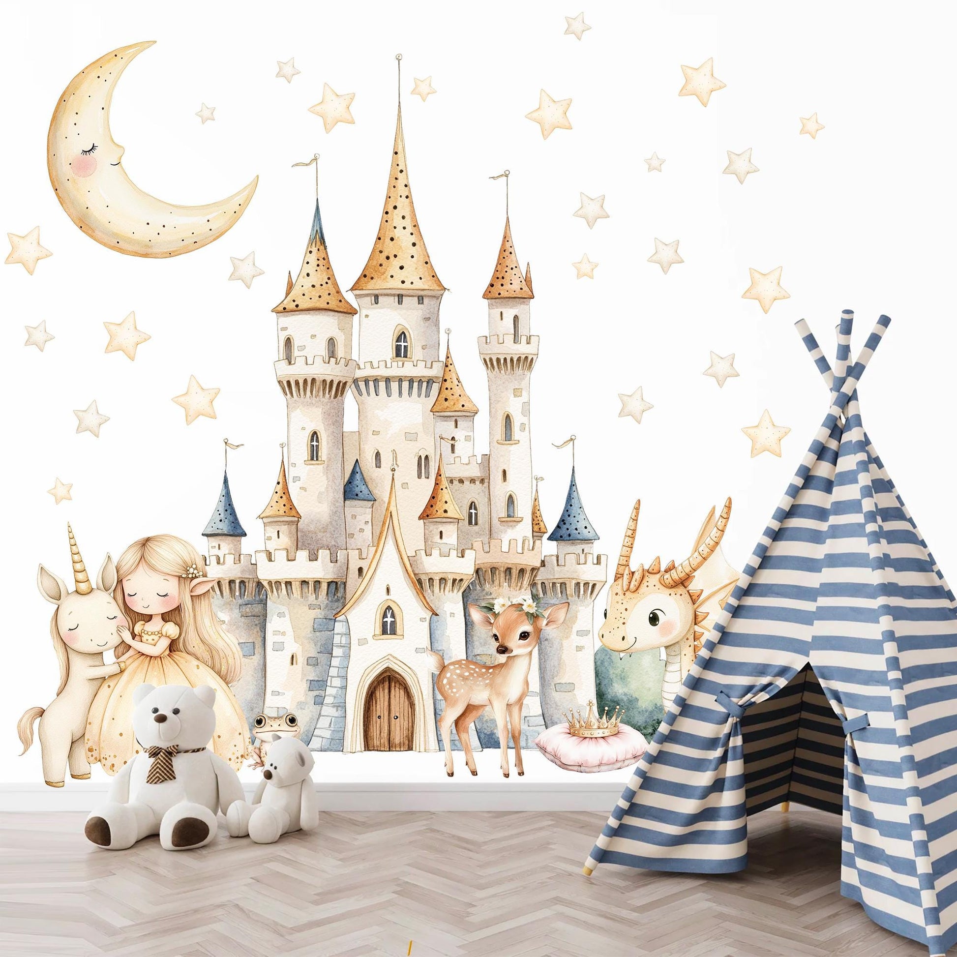 Fairy Princess Castle Unicorn Dragon Deer Nursery Mural | Removable Fabric Sticker for Girls Room
