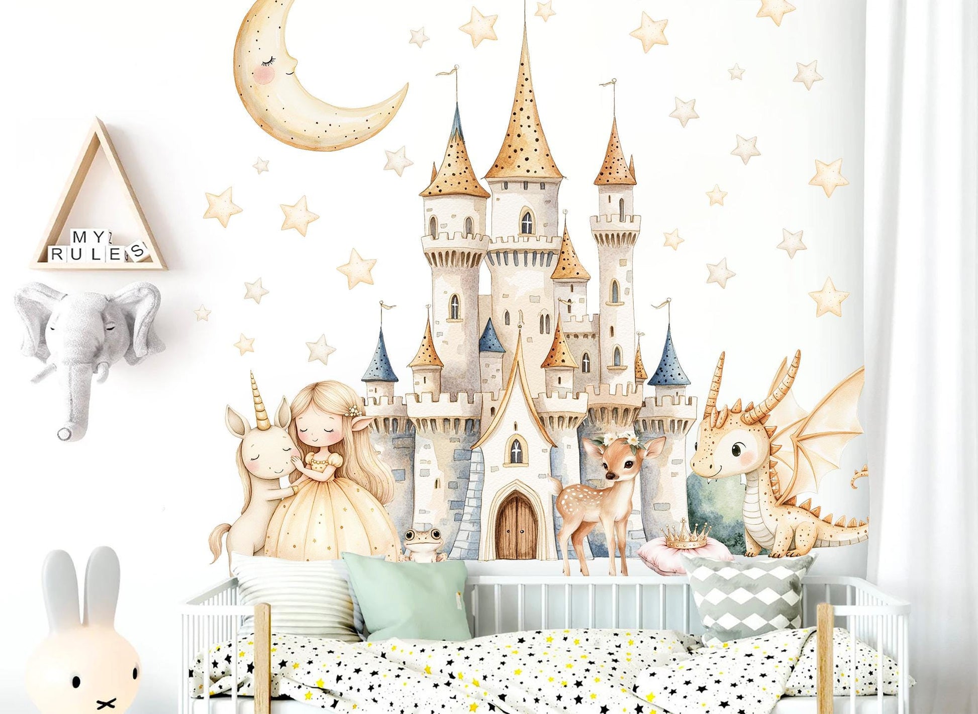 Fairy Princess Castle Unicorn Dragon Deer Nursery Mural | Removable Fabric Sticker for Girls Room
