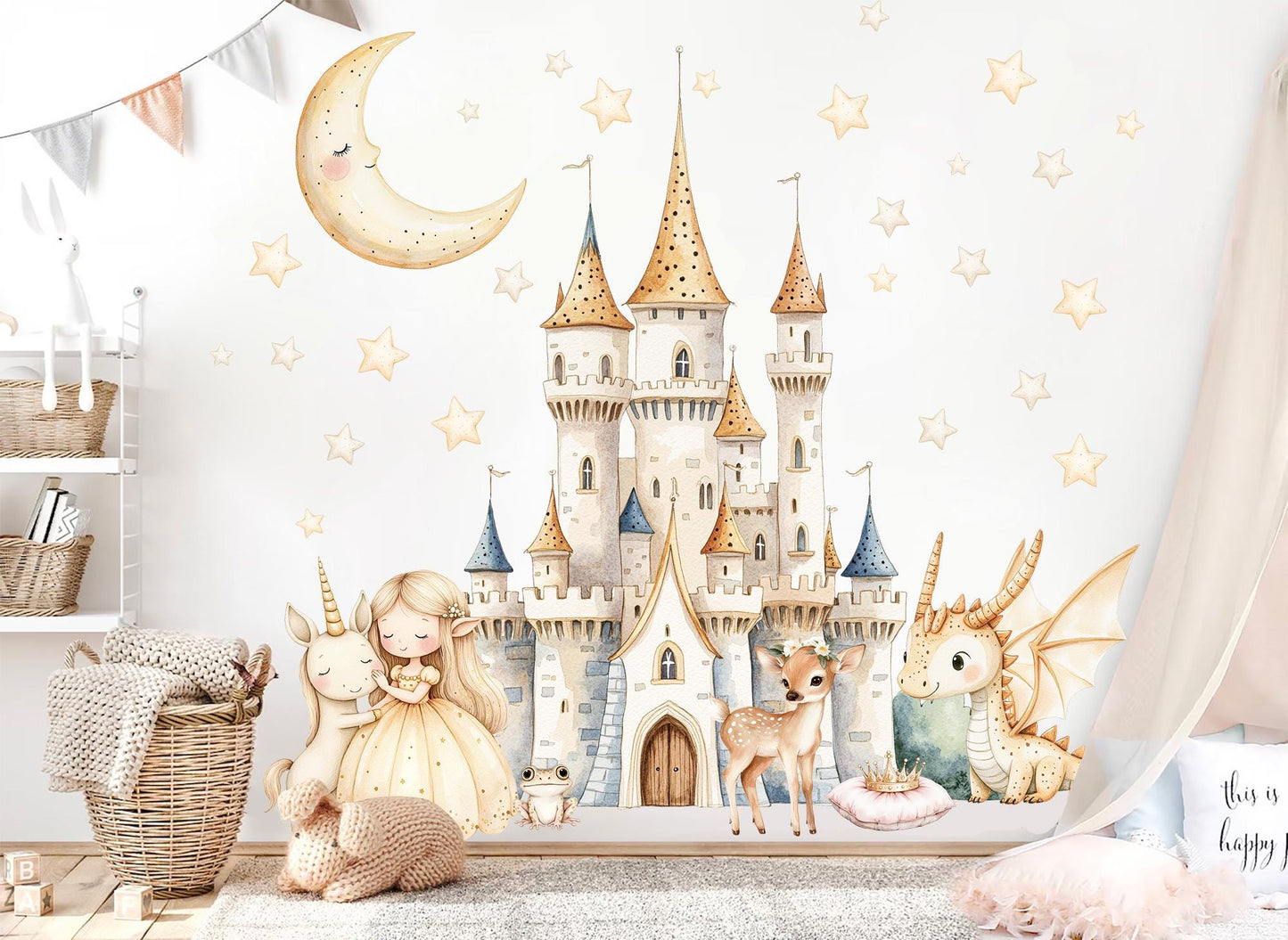Fairy Princess Castle Unicorn Dragon Deer Nursery Mural | Removable Fabric Sticker for Girls Room