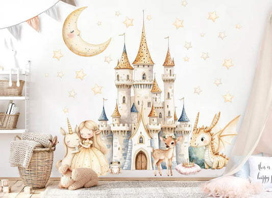 Fairy Princess Castle Unicorn Dragon Deer Nursery Mural | Removable Fabric Sticker for Girls Room