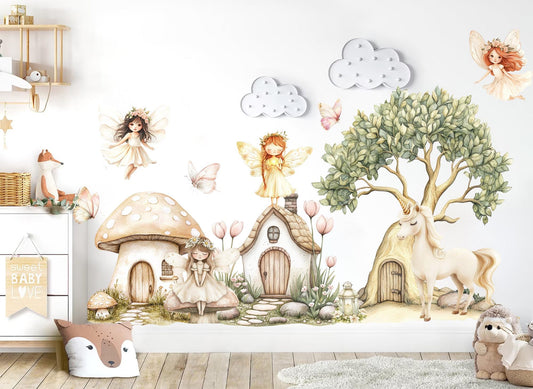 Watercolor Fairy Unicorn Wall Decals for Girls Room – Large Tree, Fairy Houses, Reusable Fabric Stickers