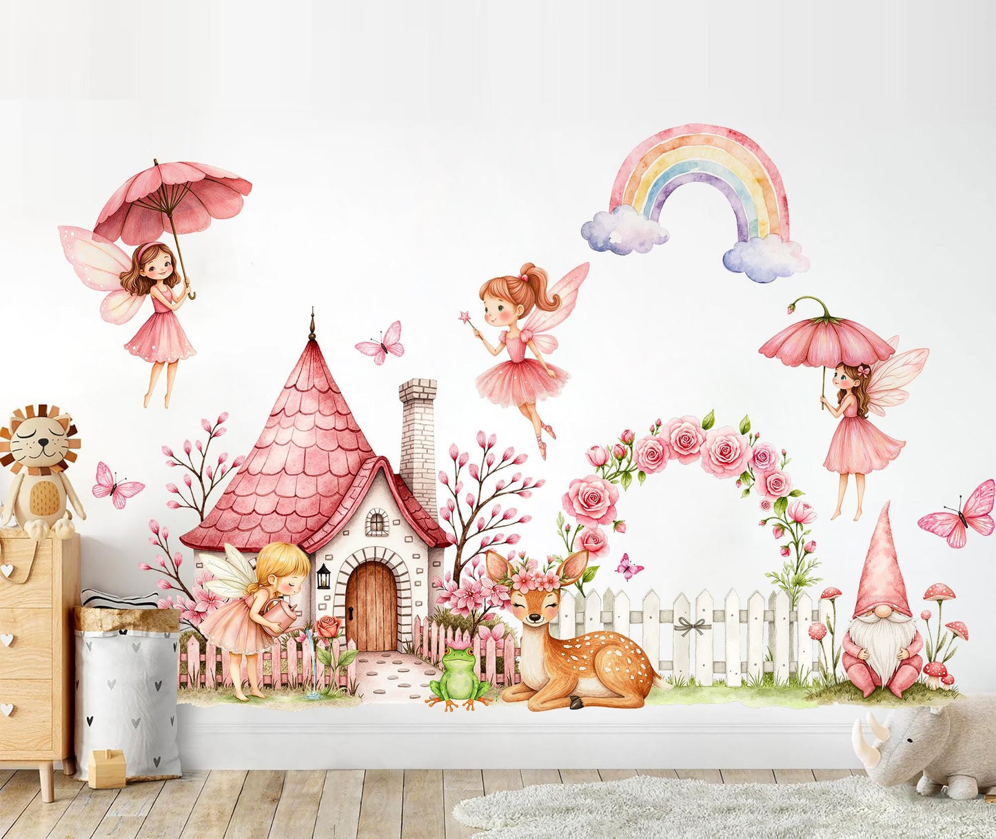 Fairy Garden Wall Decals for Girls Room – Pink Castle, Deer, Rainbow & Flower Arch – Removable Fabric Nursery Wall Stickers