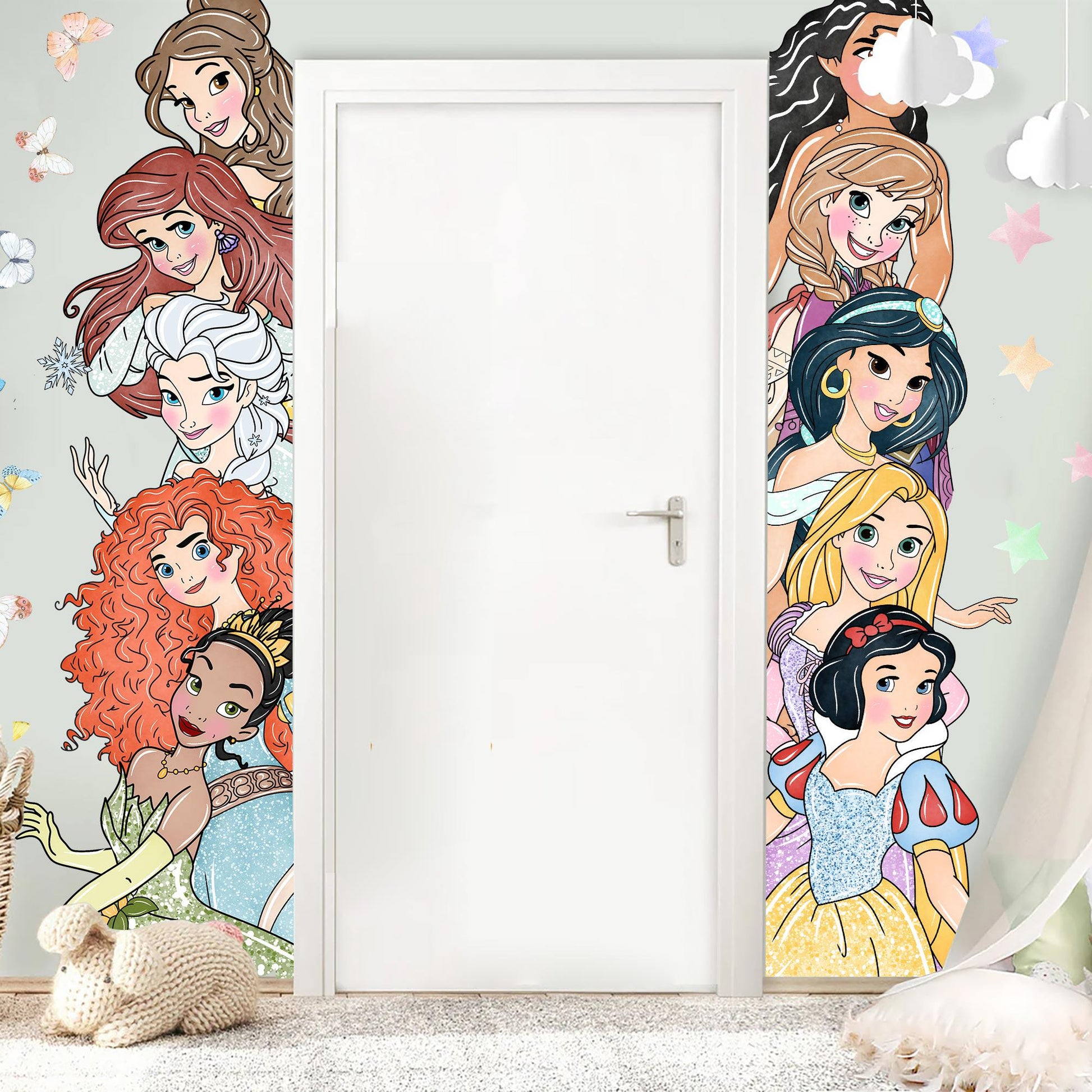 Princess Wall Decal for Girls Room – Cartoon Door Height Sticker | Peel and Stick Fabric Mural | 2 Sets Available