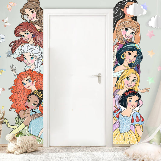 Princess Wall Decal for Girls Room – Cartoon Door Height Sticker | Peel and Stick Fabric Mural | 2 Sets Available