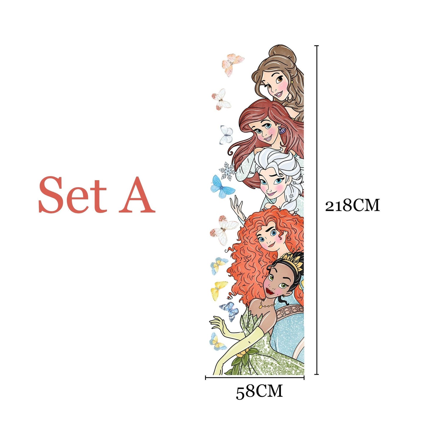 Princess Wall Decal for Girls Room – Cartoon Door Height Sticker | Peel and Stick Fabric Mural | 2 Sets Available