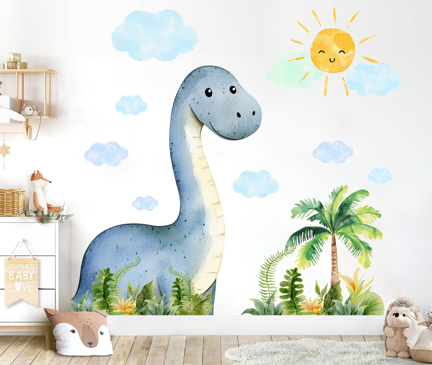 Blue Dinosaur Wall Decal for Kids Room – Watercolor Jungle Animal Mural | Large & XL Sizes | Removable Fabric Stickers