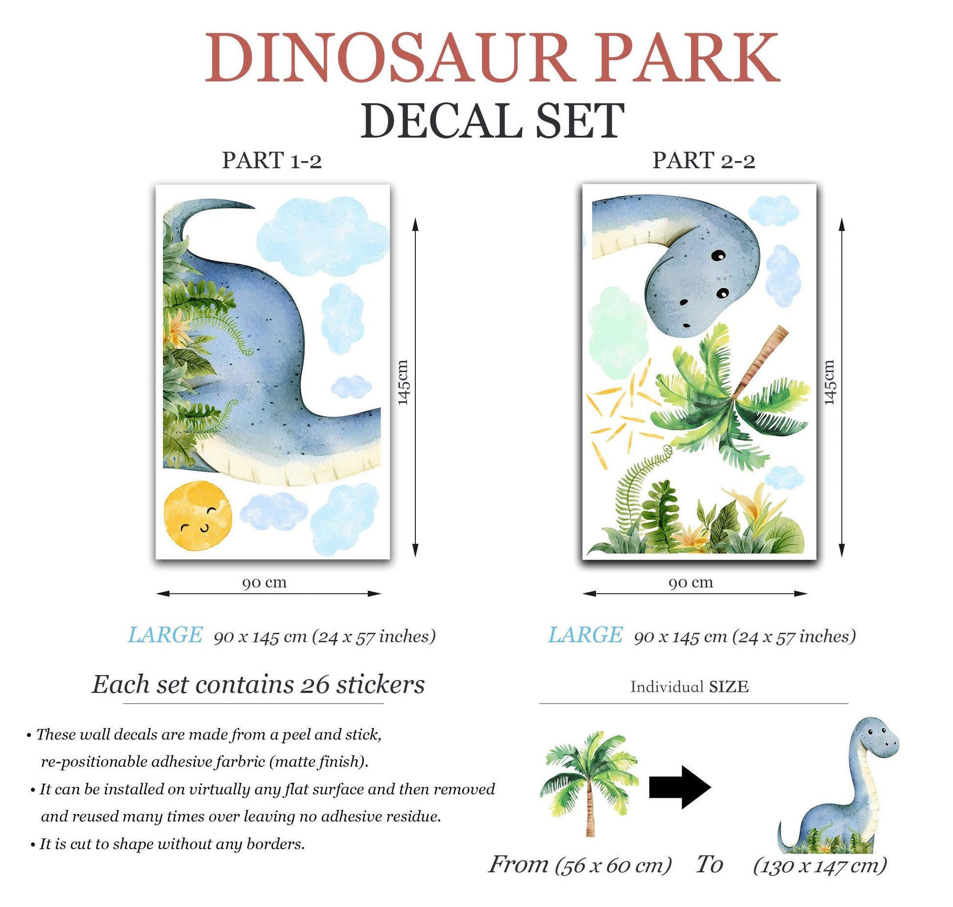 Blue Dinosaur Wall Decal for Kids Room – Watercolor Jungle Animal Mural | Large & XL Sizes | Removable Fabric Stickers