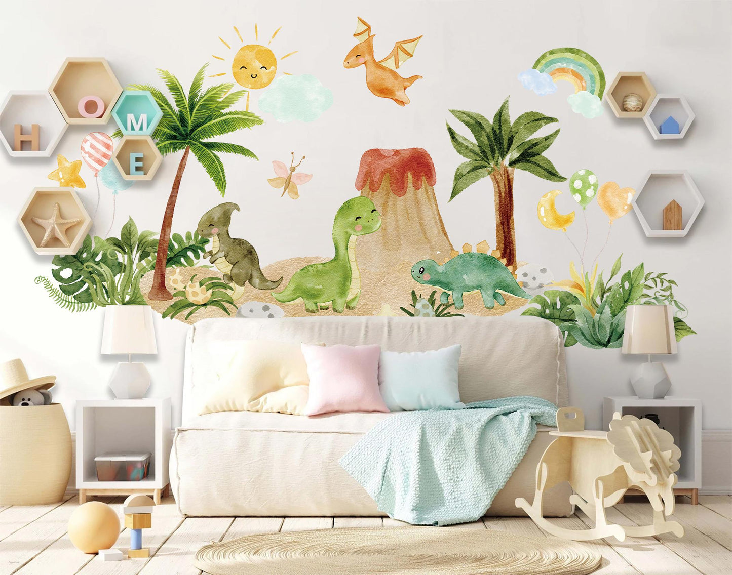 Dinosaur Wall Decals for Kids Room | Jungle Volcano Dino Fabric Stickers | Large Removable Nursery Wall Decor Set