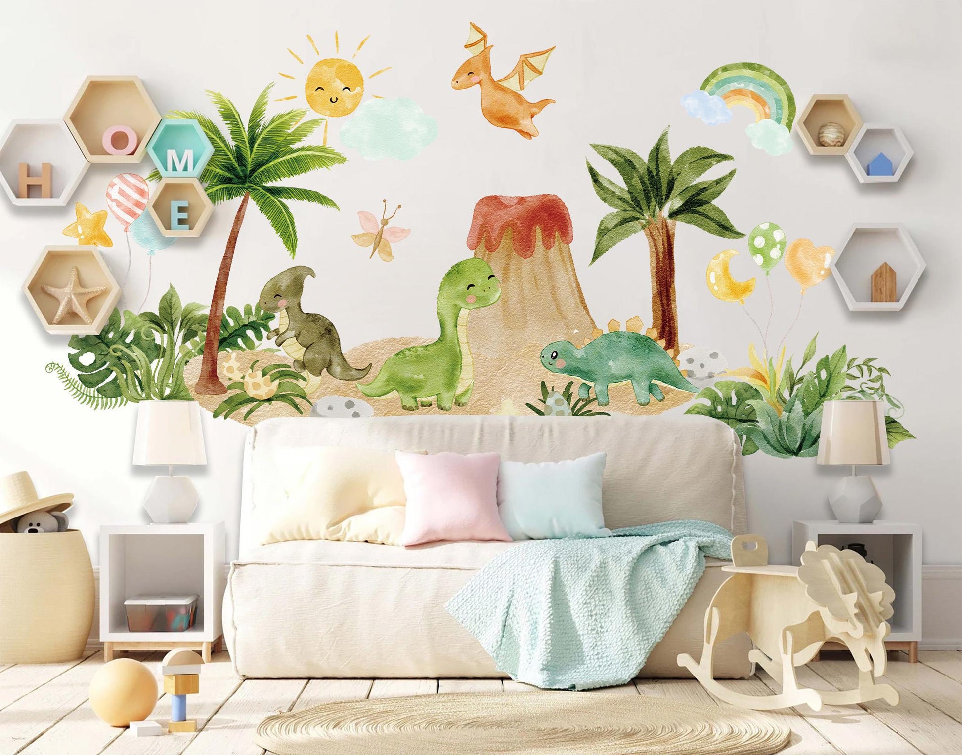 Dinosaur Wall Decals for Kids Room | Jungle Volcano Dino Fabric Stickers | Large Removable Nursery Wall Decor Set