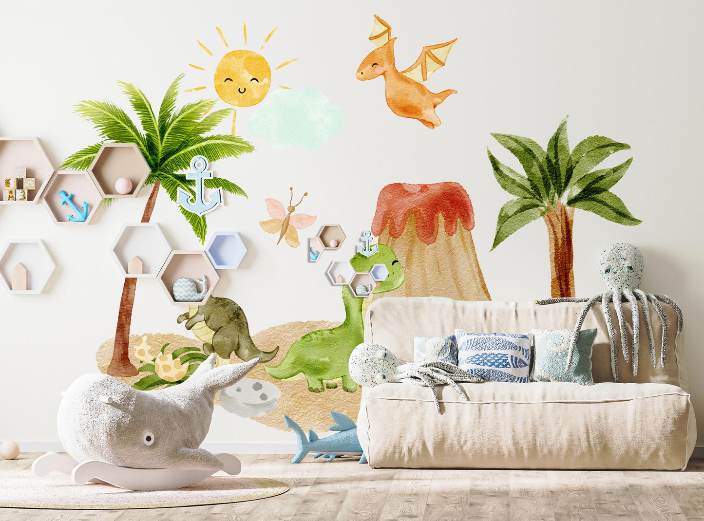 Dinosaur Wall Decals for Kids Room | Jungle Volcano Dino Fabric Stickers | Large Removable Nursery Wall Decor Set