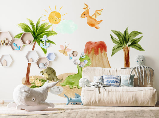 Dinosaur Wall Decals for Kids Room | Jungle Volcano Dino Fabric Stickers | Large Removable Nursery Wall Decor Set