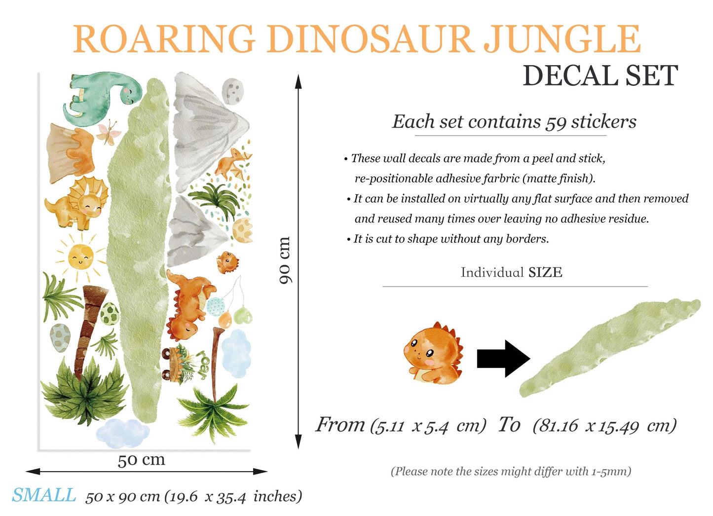 Roaring Dinosaur Jungle Wall Decal – Watercolor Dino Nursery Sticker – Reusable Peel and Stick Fabric for Baby Room