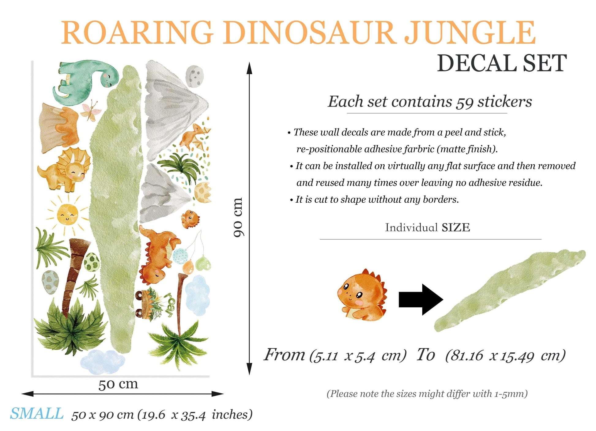 Roaring Dinosaur Jungle Wall Decal – Watercolor Dino Nursery Sticker – Reusable Peel and Stick Fabric for Baby Room