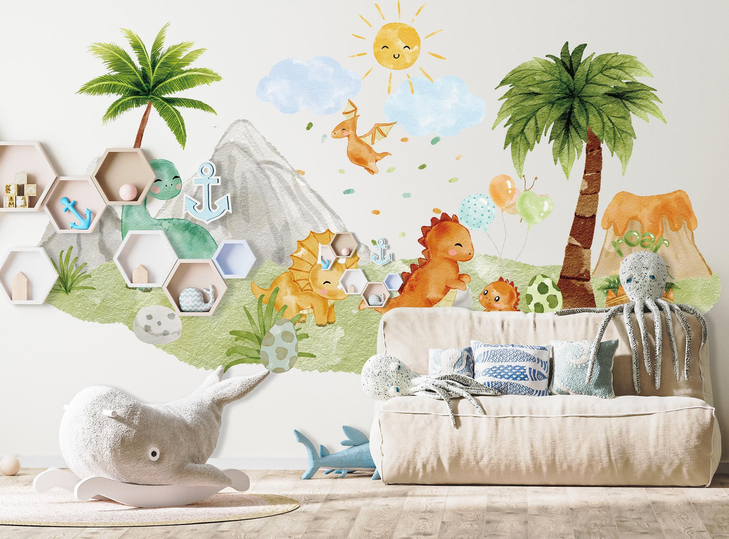 Roaring Dinosaur Jungle Wall Decal – Watercolor Dino Nursery Sticker – Reusable Peel and Stick Fabric for Baby Room