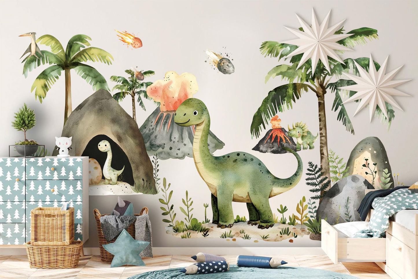 Dinosaur Volcano Wall Decal Set - Cute Watercolor Dino & Volcano Removable Fabric Stickers for Kids Room