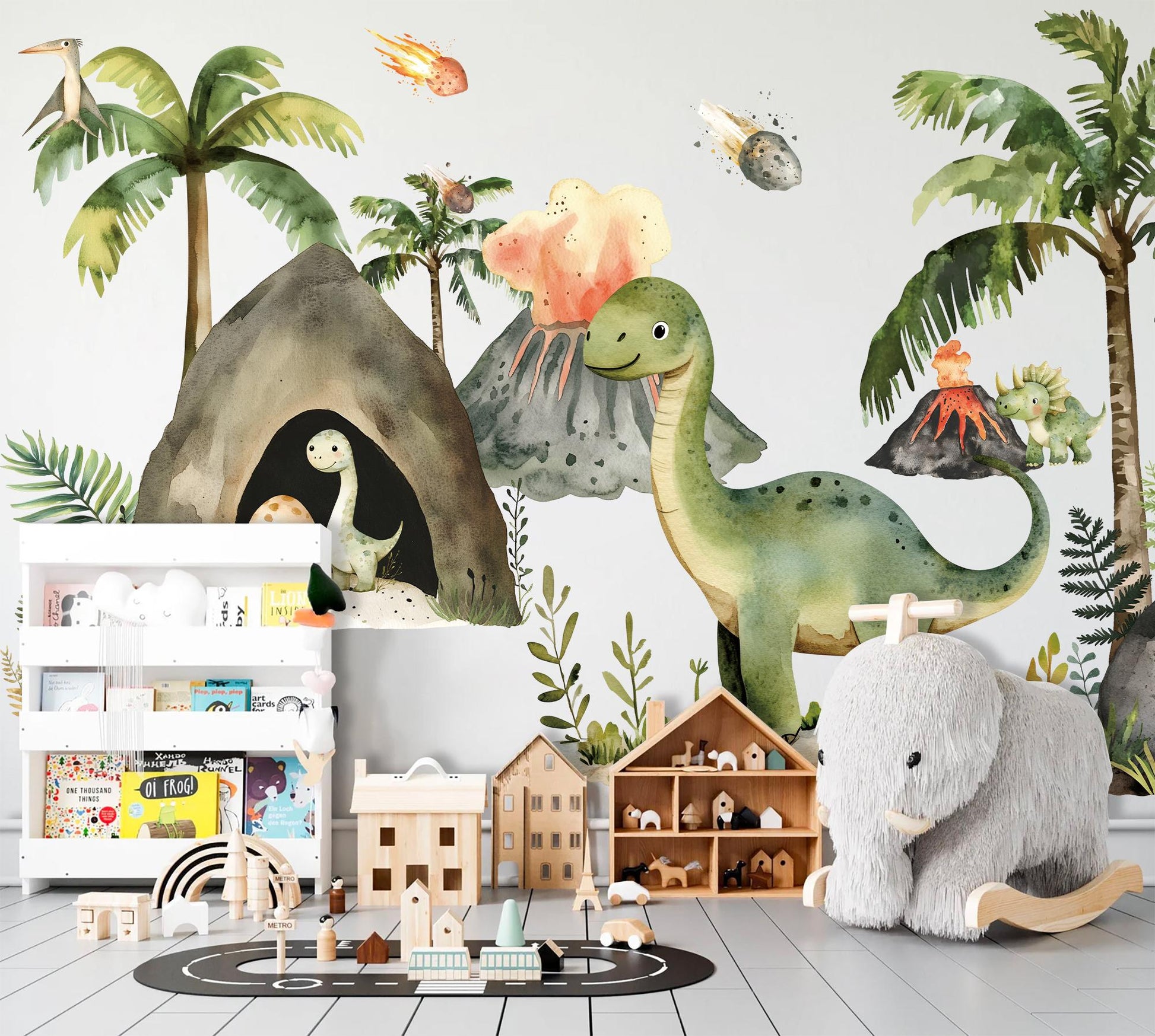 Dinosaur Volcano Wall Decal Set - Cute Watercolor Dino & Volcano Removable Fabric Stickers for Kids Room