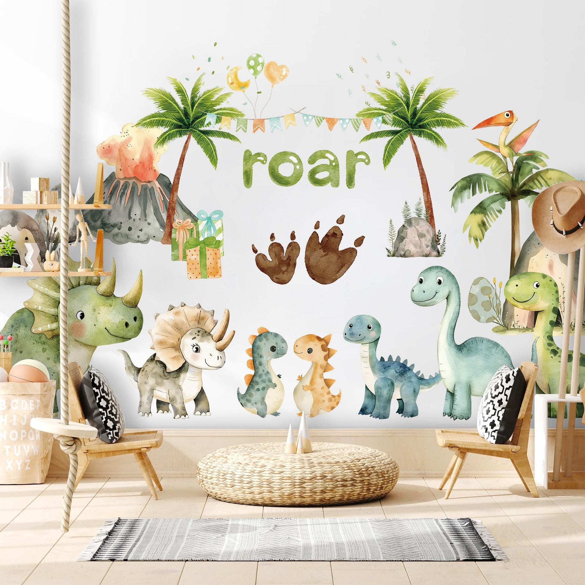 Dinosaur Volcano Party Wall Decal – Watercolor Dino Nursery Sticker – Reusable Peel and Stick Fabric for Kids Room