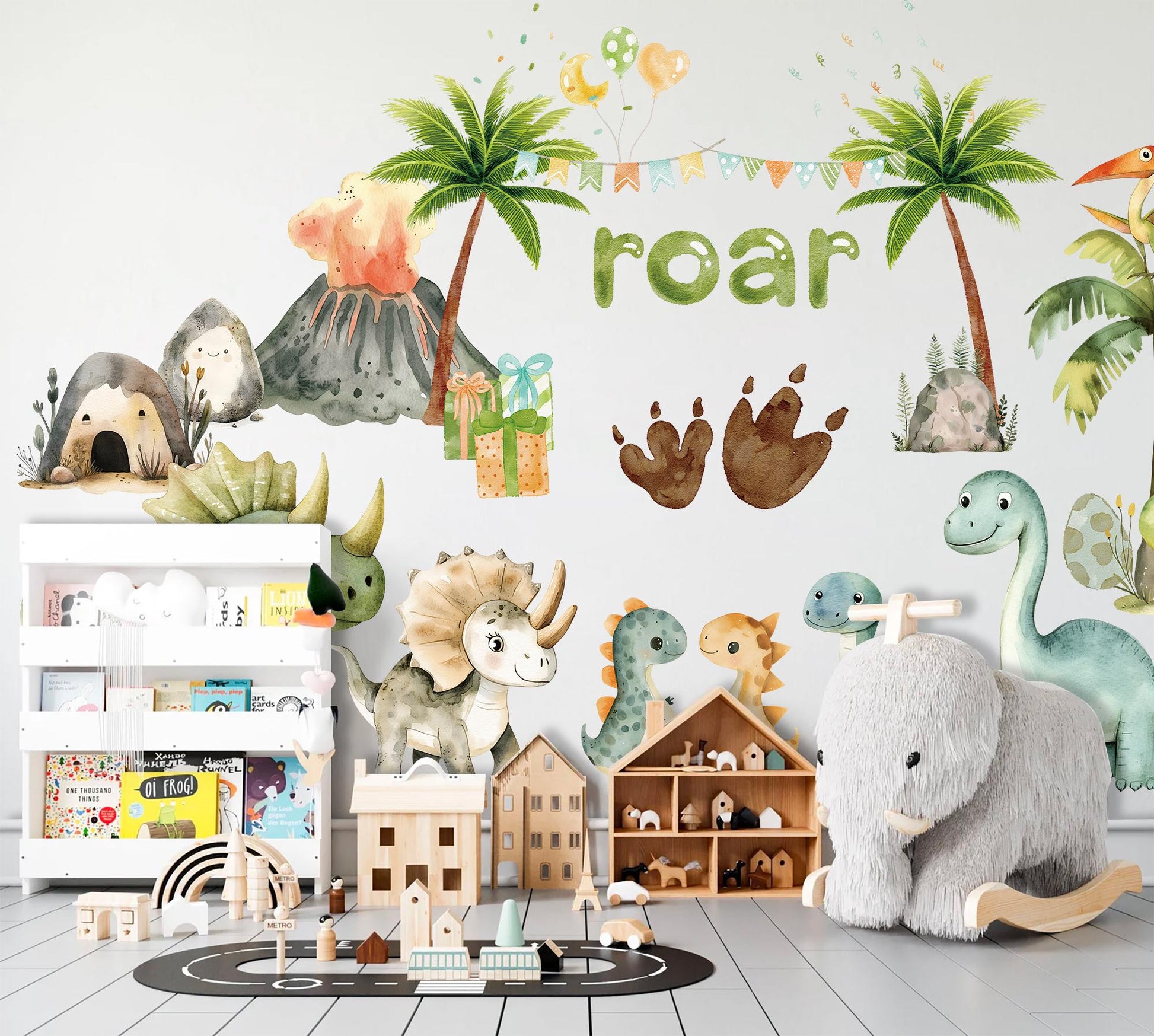 Dinosaur Volcano Party Wall Decal – Watercolor Dino Nursery Sticker – Reusable Peel and Stick Fabric for Kids Room