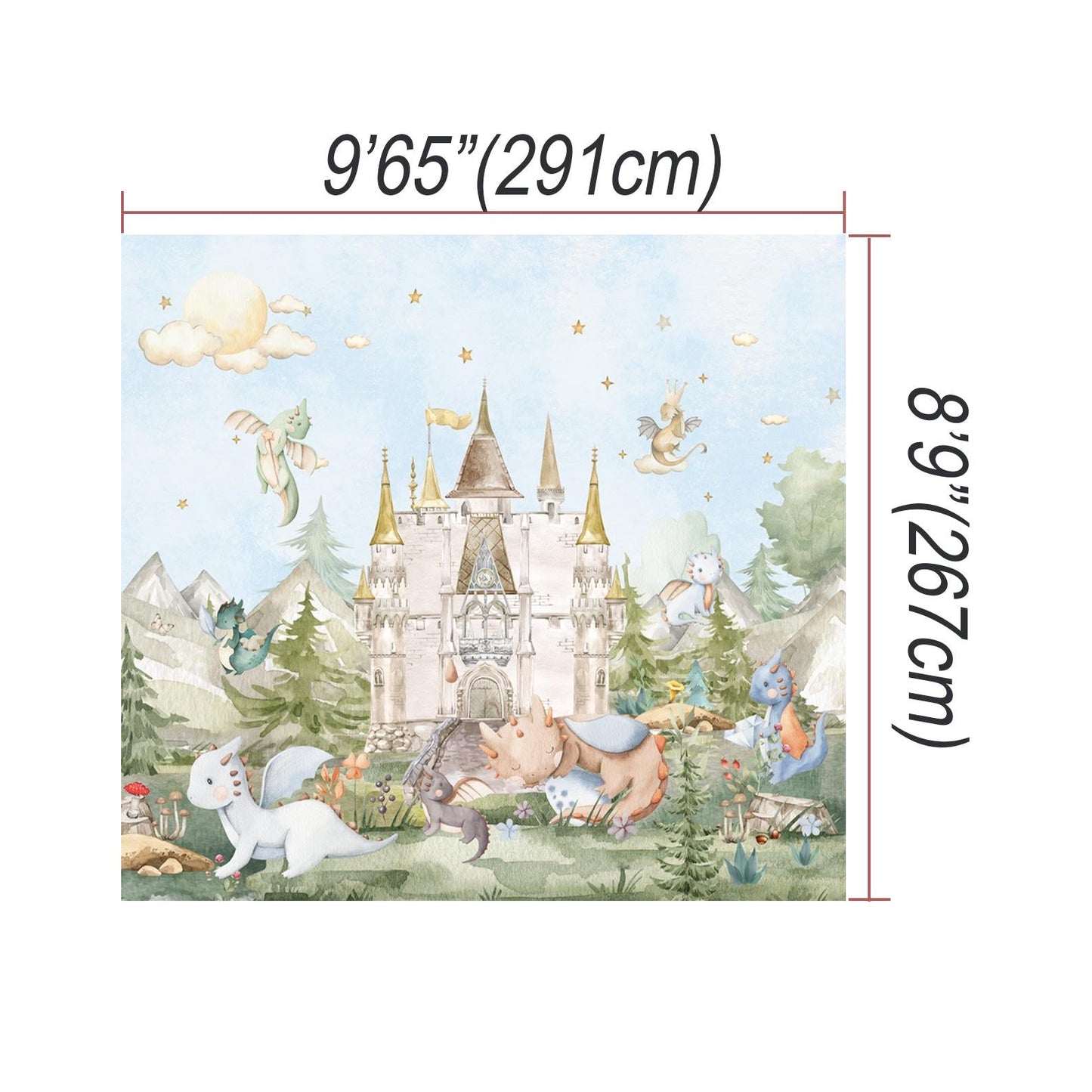 Fairy Tale Castle Wall Mural – Baby Dragon Nursery Wallpaper – Fantasy Kids Room Décor – Peel and Stick Fabric Mural