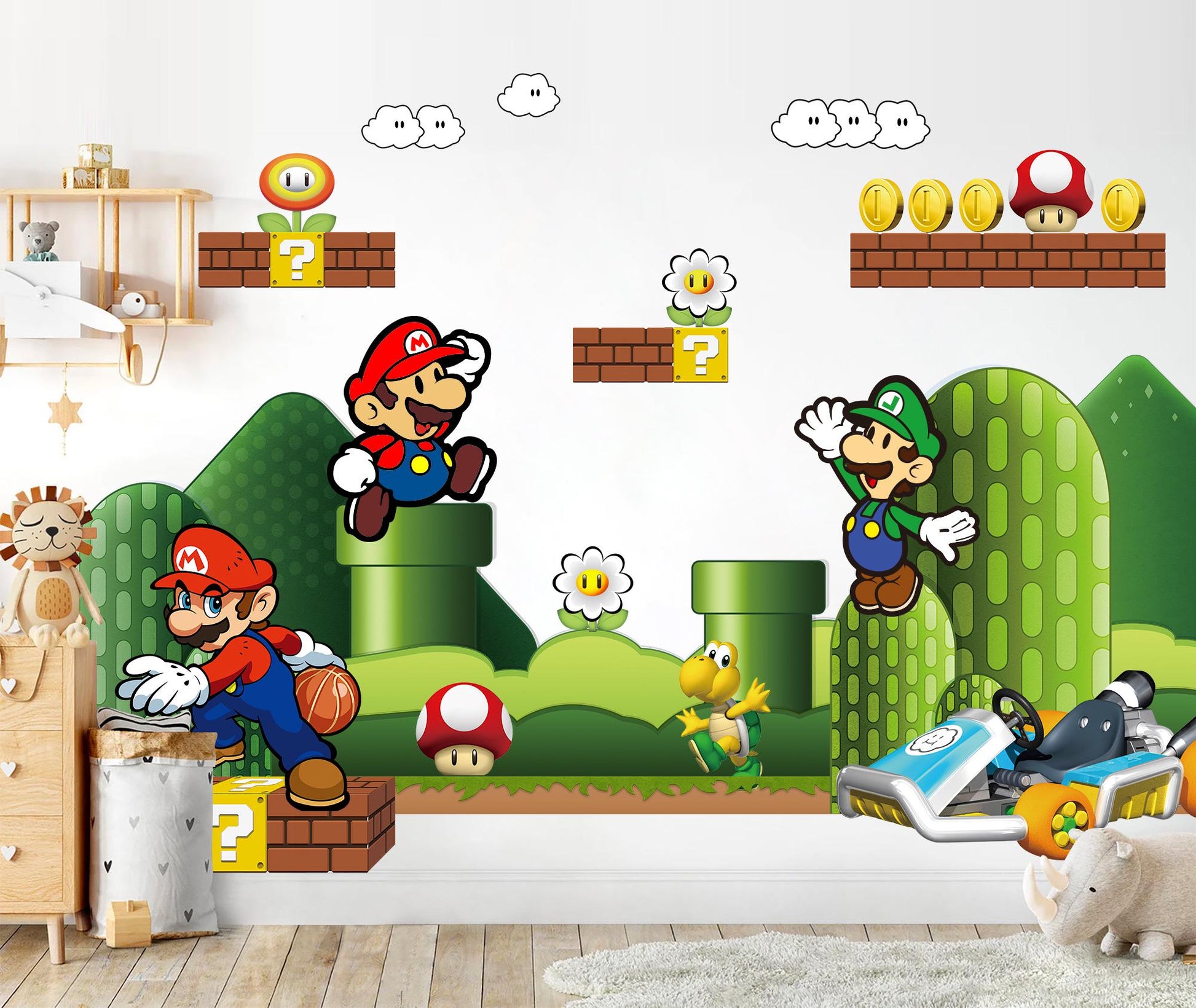 Super Mario Bros Wall Decal for Kids Room – Removable Repositionable Fabric Stickers – Nursery Wall Art Game Theme