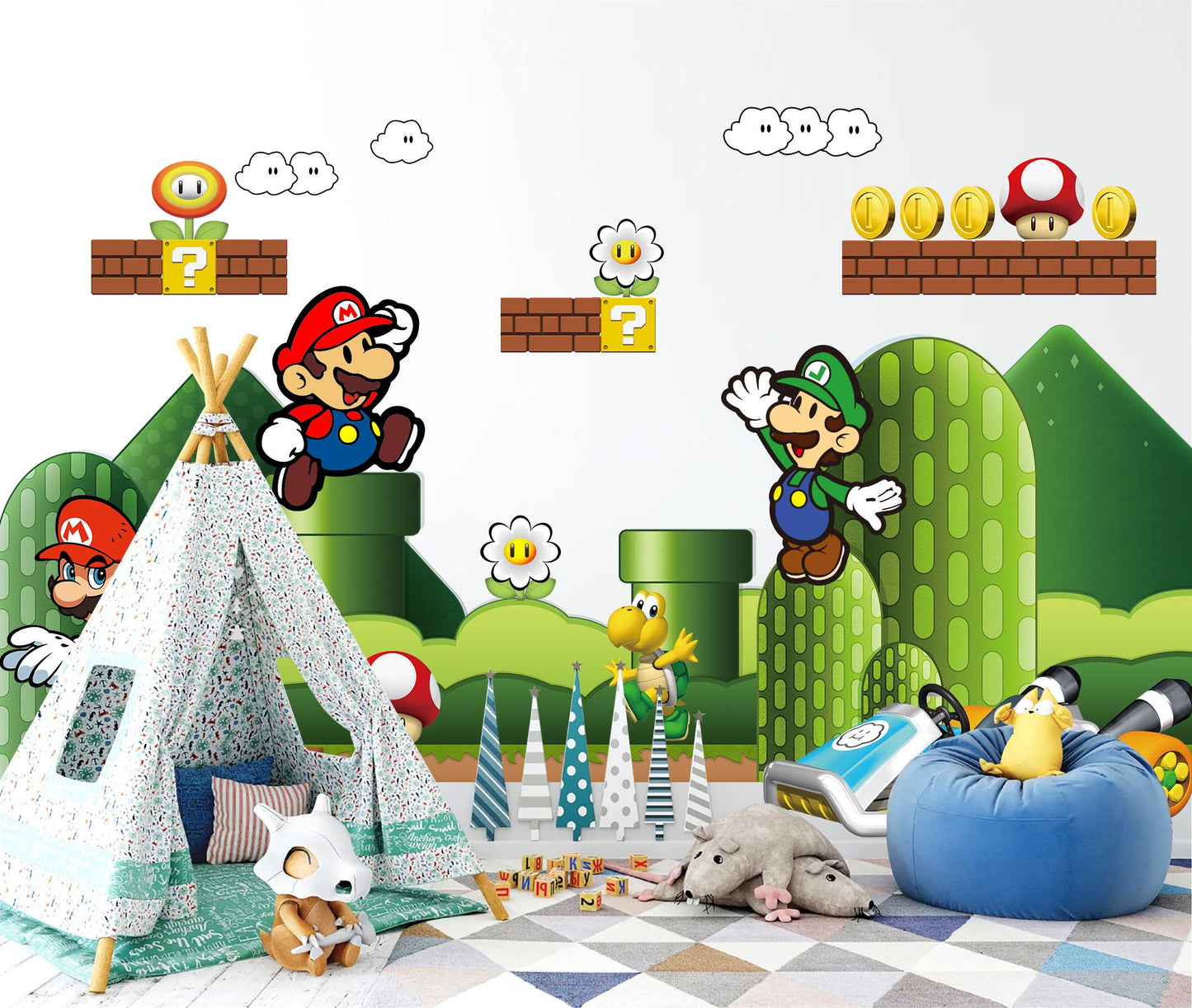 Super Mario Bros Wall Decal for Kids Room – Removable Repositionable Fabric Stickers – Nursery Wall Art Game Theme