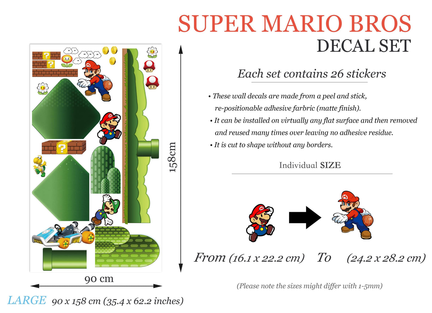 Super Mario Bros Wall Decal for Kids Room – Removable Repositionable Fabric Stickers – Nursery Wall Art Game Theme