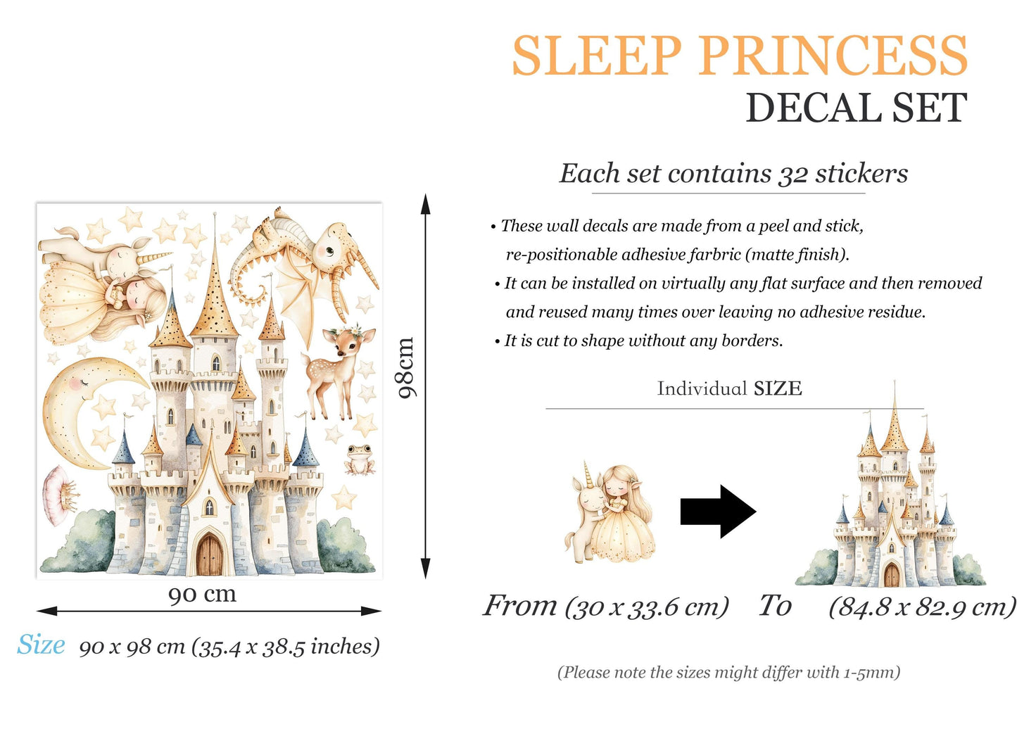 Fairy Princess Castle Unicorn Dragon Deer Nursery Mural | Removable Fabric Sticker for Girls Room