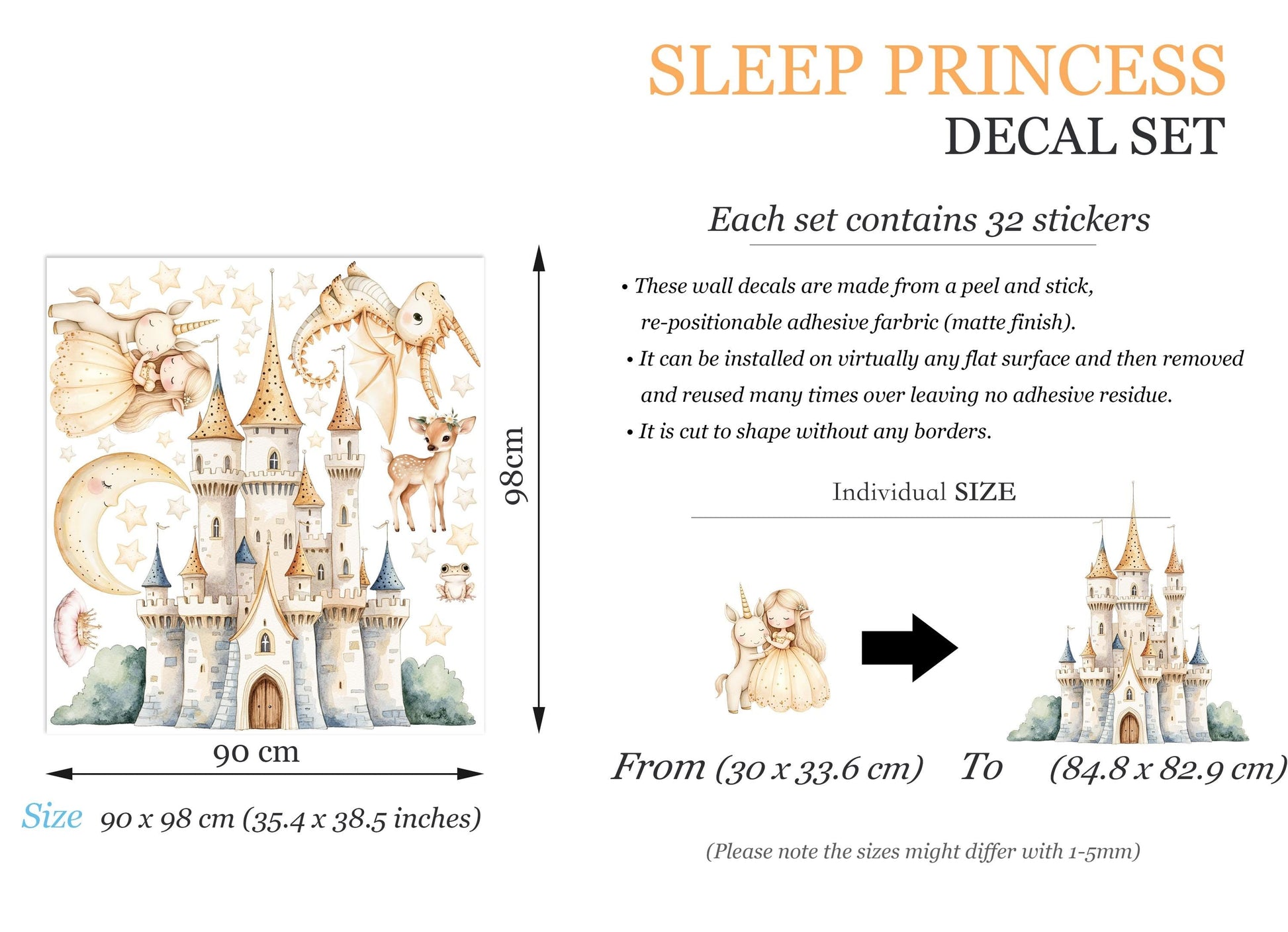 Fairy Princess Castle Unicorn Dragon Deer Nursery Mural | Removable Fabric Sticker for Girls Room