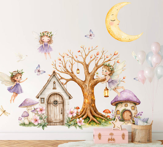 Fairy Forest Wall Decal Set – Tree, Cottage, Moon & Purple Mushroom for Kids Room Nursery Decor
