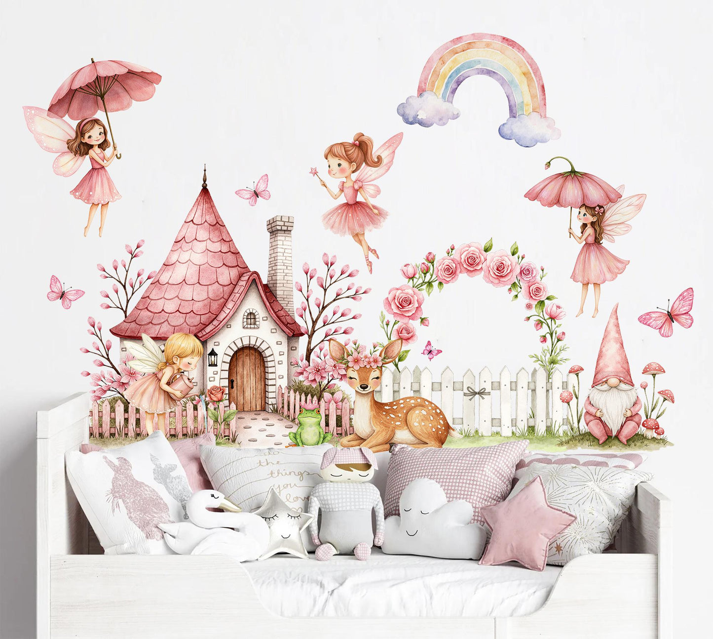 Fairy Garden Wall Decals for Girls Room – Pink Castle, Deer, Rainbow & Flower Arch – Removable Fabric Nursery Wall Stickers