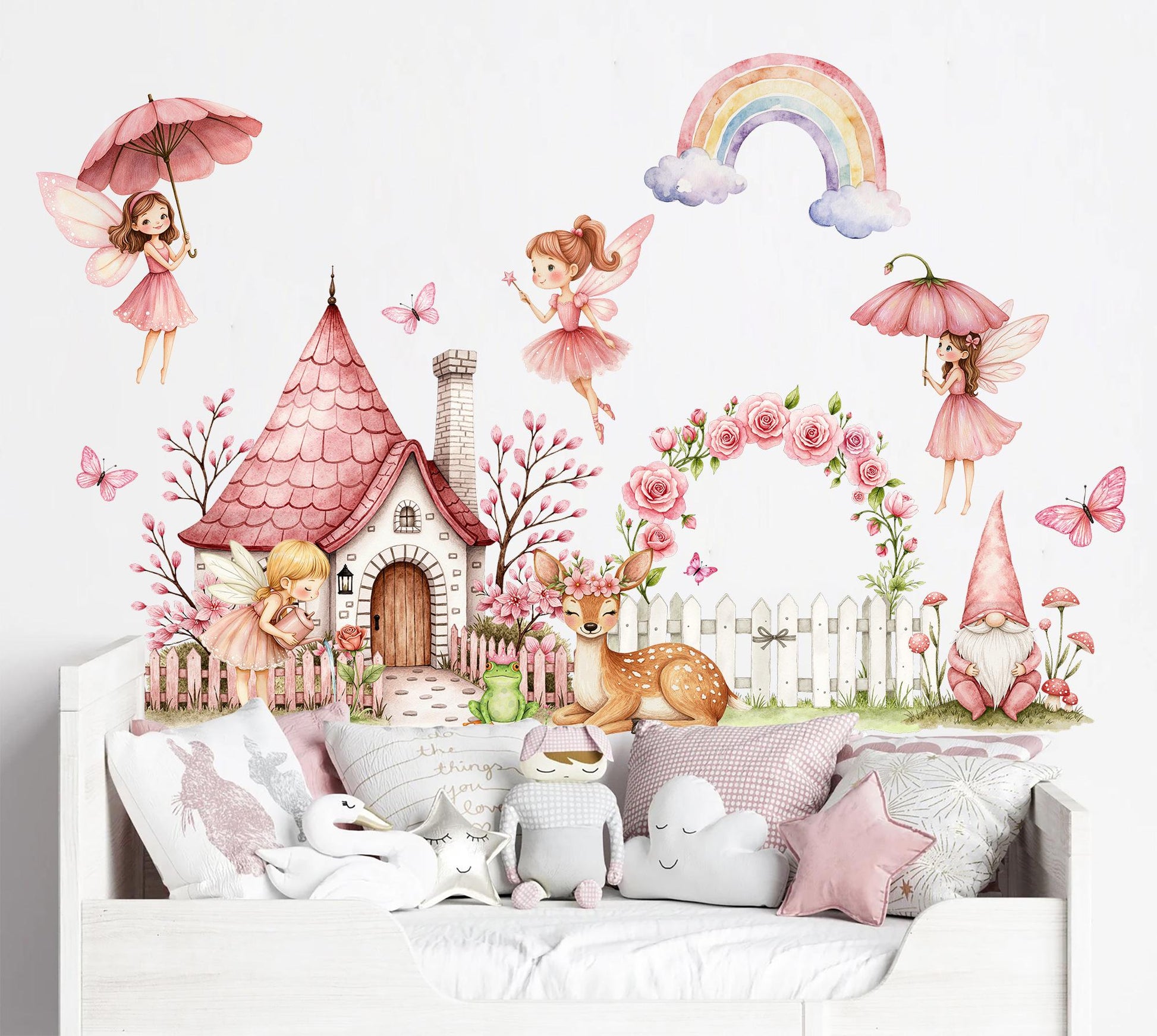Fairy Garden Wall Decals for Girls Room – Pink Castle, Deer, Rainbow & Flower Arch – Removable Fabric Nursery Wall Stickers
