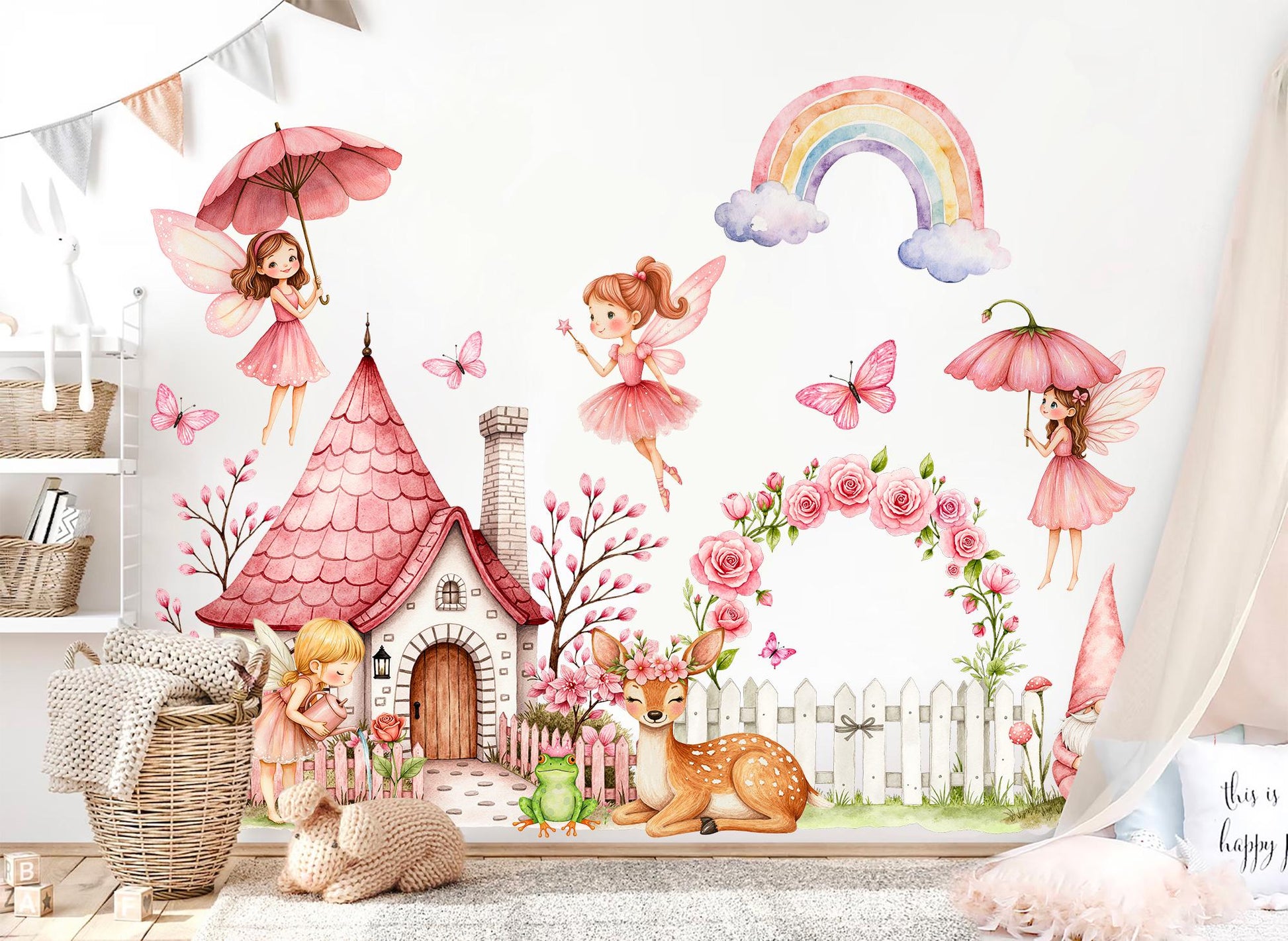 Fairy Garden Wall Decals for Girls Room – Pink Castle, Deer, Rainbow & Flower Arch – Removable Fabric Nursery Wall Stickers