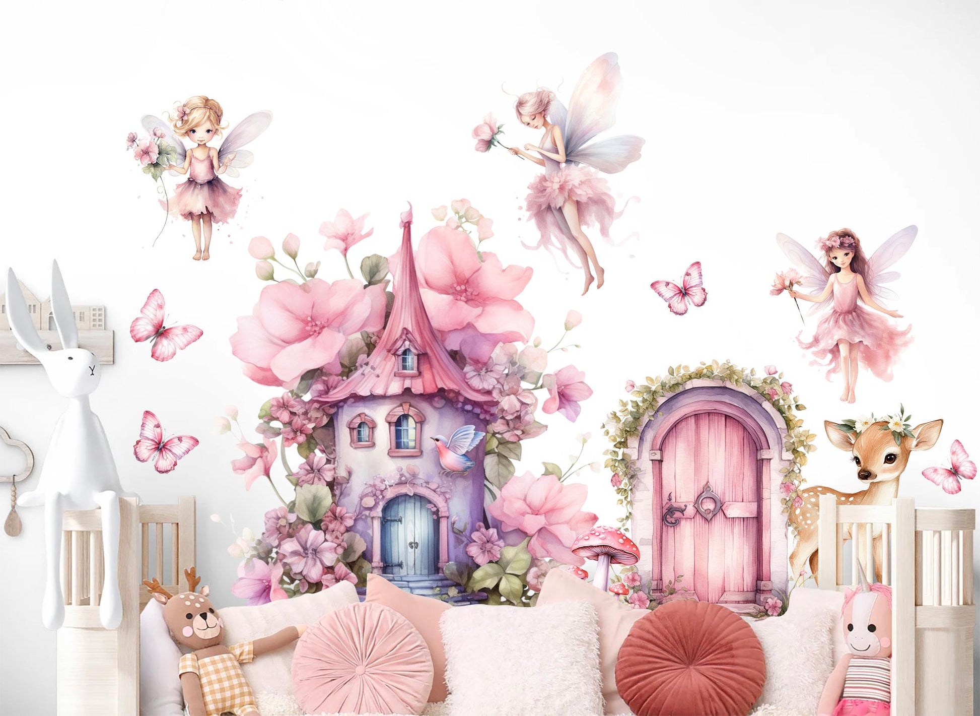 Whimsical Fairy Door & Cottage Wall Decals – Pink Flowers, Fairies, Deer – Girls Bedroom Removable Fabric Stickers