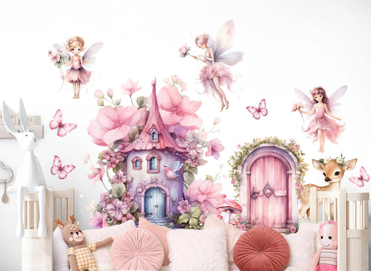 Whimsical Fairy Door & Cottage Wall Decals – Pink Flowers, Fairies, Deer – Girls Bedroom Removable Fabric Stickers