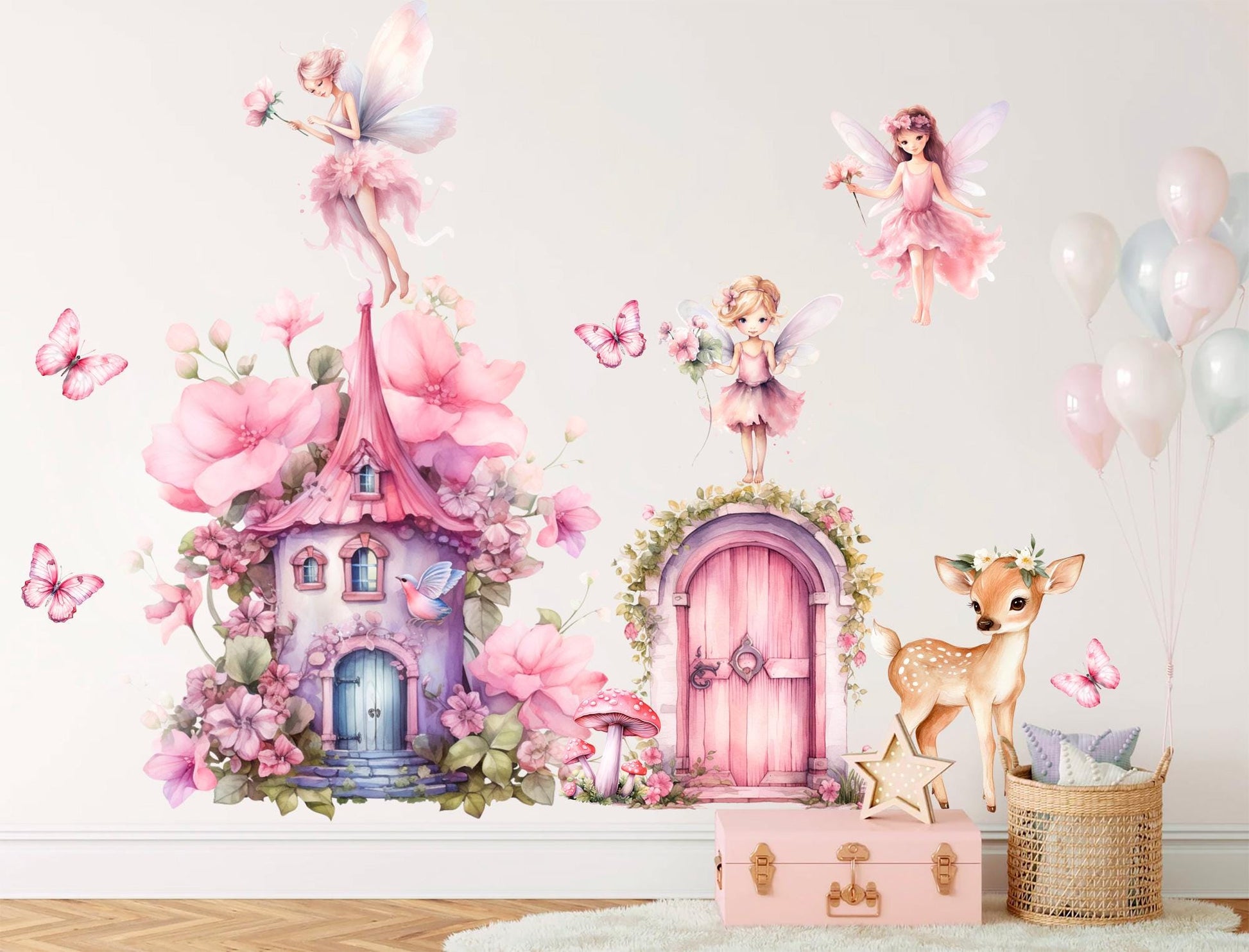 Whimsical Fairy Door & Cottage Wall Decals – Pink Flowers, Fairies, Deer – Girls Bedroom Removable Fabric Stickers