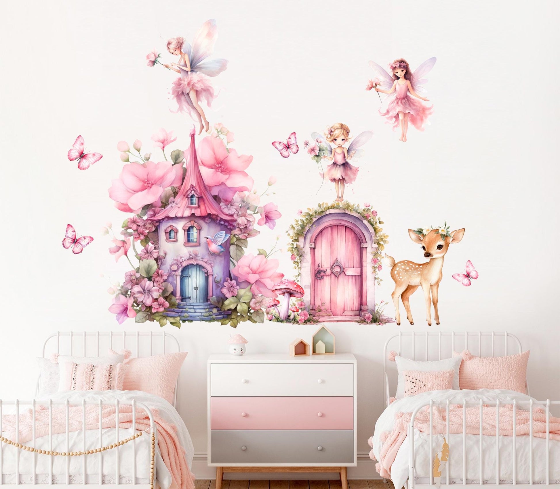 Whimsical Fairy Door & Cottage Wall Decals – Pink Flowers, Fairies, Deer – Girls Bedroom Removable Fabric Stickers