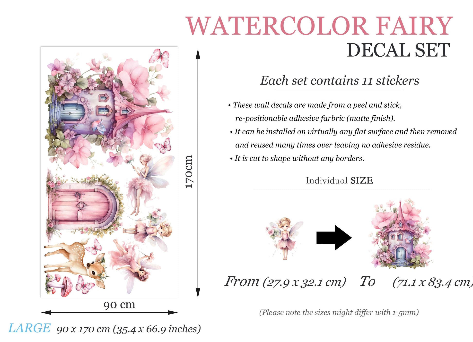Whimsical Fairy Door & Cottage Wall Decals – Pink Flowers, Fairies, Deer – Girls Bedroom Removable Fabric Stickers